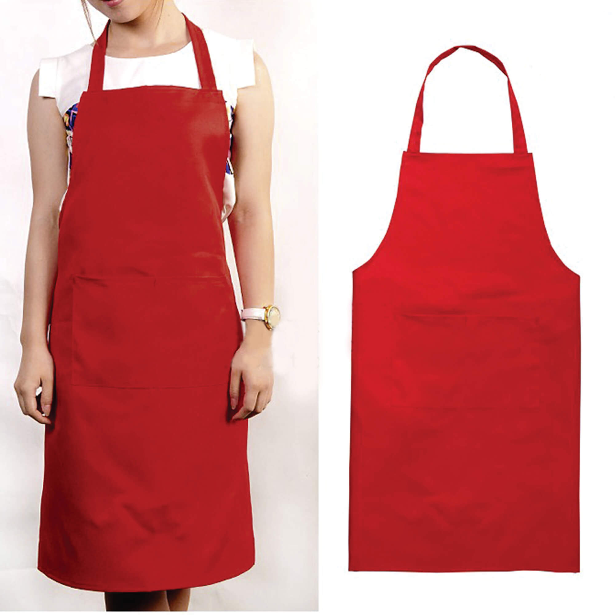 A women wearing red apron.